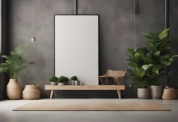 Big vertical canvas mockup in minimal japandi interior background with plant tree and rustic decor