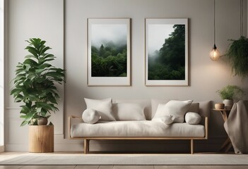 Canvas mockup in minimal japandi interior background with plant tree and rustic decor