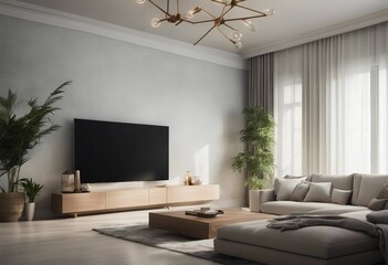 Coastal design living room Cozy home interior background with big TV on the wall above the shelf