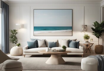 Coastal design living room Mock up white wall in cozy home interior background Hampton style 3d render