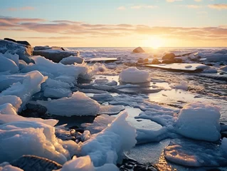 Fotobehang Ice and snow on the beach at sunset. Beautiful winter landscape. © Obsidian