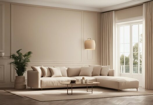 Coastal design room Mockup beige stucco wall in cozy home interior background Hampton style 3d render