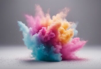 Colored dusty powder explosion on a grey background Abstract closeup dust on backdrop