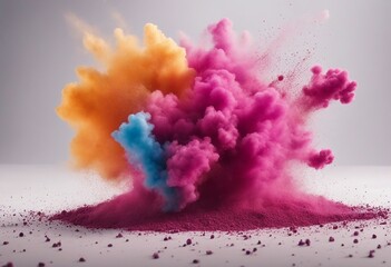 Colored powder explosion with dominant pink tones on a white background Abstract closeup dust on backdrop Colorful explode