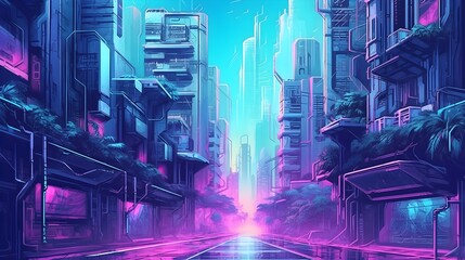 Futuristic City Skyline Against a Vivid Twilight Sky With a Large Moon, Trees and Fauna. Synthwave wallpaper and background 