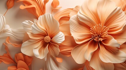 Vibrant Geometric Fantasy Flowers in Abstract 3D Render on Peach Fuzz Background. Banner