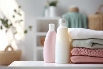 Bottle of fabric detergent and a pile of clean towels in the laundry room