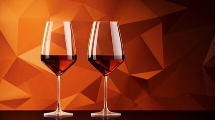 Abstract Geometric Wine Glasses on Red Bokeh Background. Valentines Day Fantasy Art with Copy Space