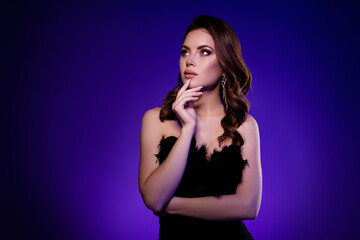 Fototapeta premium Photo of elegant alluring hot noble lady prepare vogue hollywood celebration think shop promo on blue empty space