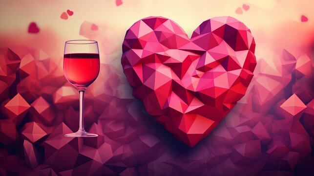 Abstract Geometric Wine Glasses and Heart Art on Valentines Day Red Background with Bokeh. Banner