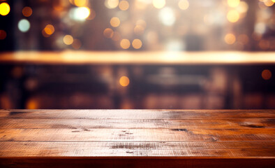 The wooden table sits bare, surrounded by blurred lights in the background. - obrazy, fototapety, plakaty