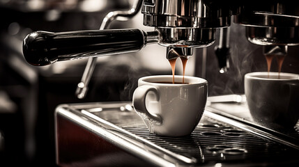 The espresso machine fills a cup with piping hot coffee.