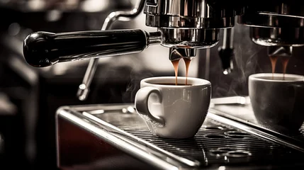 Foto op Plexiglas The espresso machine fills a cup with piping hot coffee. © Vladyslav
