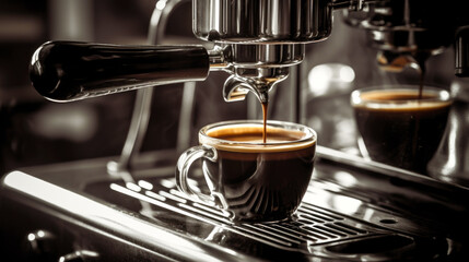 A cup is filled with hot coffee as it flows from the espresso machine. - obrazy, fototapety, plakaty