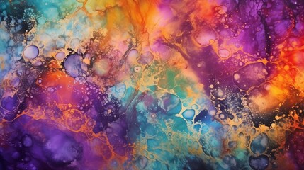 Fototapeta na wymiar Abstract Painting Combines Purple, Turquoise and Orange Colors, Cosmic Fantasy