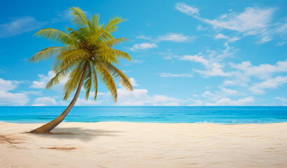 The tropical island's summer scene features palm tree branches casting shade on the sandy beach.