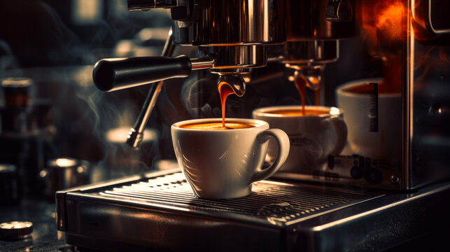 A cup is filled with hot coffee as it flows from the espresso machine.