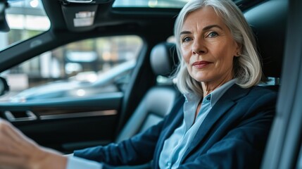 Confident and attractive senior business woman driving her car - obrazy, fototapety, plakaty