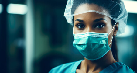 Fototapeta na wymiar An African American female doctor or scientist wearing a protective mask stands out against the backdrop of hospital medical workers. --ar 5:3