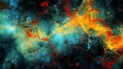 Fototapeta na wymiar Abstract Colorful Background with Red, Orange and Blue, in the Style of Dark Matter Art, Dark Turquoise Yellow Cosmic Theme