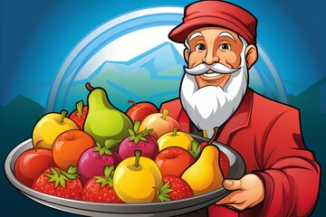 Portrait of smiling Arabic man at a food truck, selling an array of fresh fruits and holding fruit