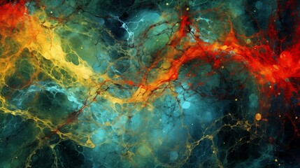 Abstract Colorful Background with Red, Orange and Blue, in the Style of Dark Matter Art, Dark Turquoise Yellow Cosmic Theme - obrazy, fototapety, plakaty