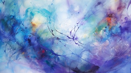 Abstract Watercolor and Acrylic Paints Artwork, Light Azure Violet Blue Purple, Dynamic and Dramatic Compositions