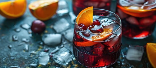 Traditional Spanish sangria made with red wine, ice, fruit, and orange juice.