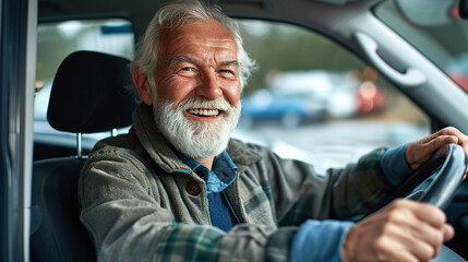 Happy old bearded man driving a car. Transportation concept