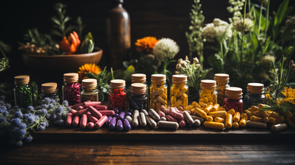Set of different pills and food supplements with dry flowers on the background