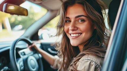 Happy young female sitting in the driver's seat of a car - obrazy, fototapety, plakaty