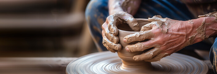 close up view of male potter hands making pot with clay wheel - obrazy, fototapety, plakaty