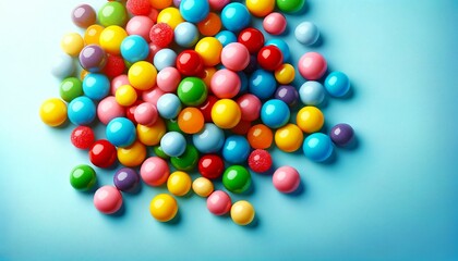 Obraz premium Colorful candies on blue background, top view. Space for text