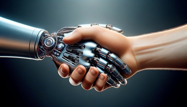 close up robots and humans shake hands
