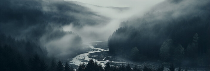 foggy morning in the Carpathians in autumn. - obrazy, fototapety, plakaty