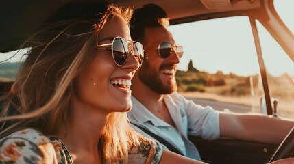 a man and a woman are driving a car and smiling - obrazy, fototapety, plakaty