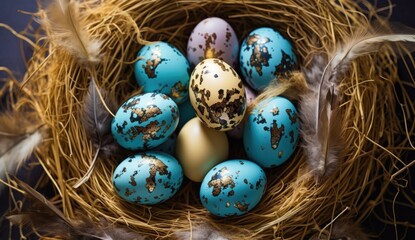 Artistic Easter eggs with speckled patterns nestled in a rustic nest adorned with feathers on a dark blue background.