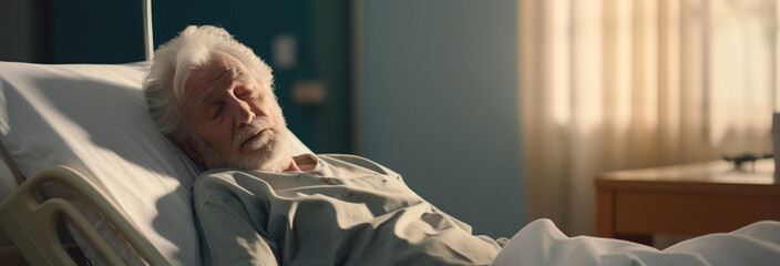 An elderly man lies on a bed in a hospital