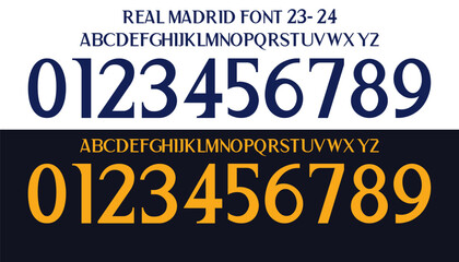 font vector team 2023 - 2024 kit sport style font. real madrid font. football style font with lines inside. sports style letters and numbers for soccer team - obrazy, fototapety, plakaty