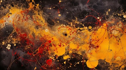 Abstract Art Splashes of Dark Yellow, Gold Red and Orange, Resembling a Fluid Cosmic Space Style on a Canvas with a Black Backdrop