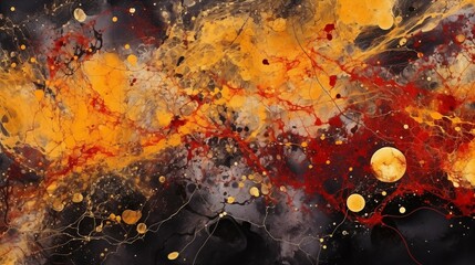 Abstract Art Splashes of Dark Yellow, Gold Red and Orange, Resembling a Fluid Cosmic Space Style on a Canvas with a Black Backdrop