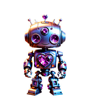 Rob&ocirc; rom&acirc;ntico do amor. Robozinho fofo de dia dos namorado com cristais roxos em formato de cora&ccedil;&atilde;o, isolado em fundo transparente.