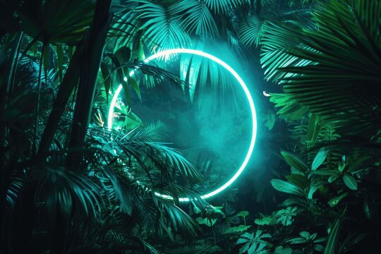 Circle made of blus neon light on green jungle leaves background