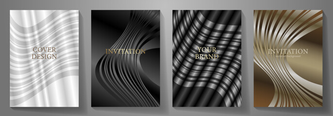 Elegant cover design set. Luxury black, white and gold vector background collection with lines for cover design, invitation, poster, flyer, wedding card, luxe invite, prestigious voucher, menu design.