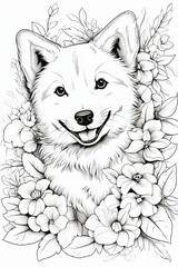 Coloring page, dog in flowers, Generative AI