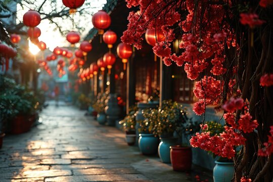 Close up details of red chinese paper lanterns for new year  celebration
