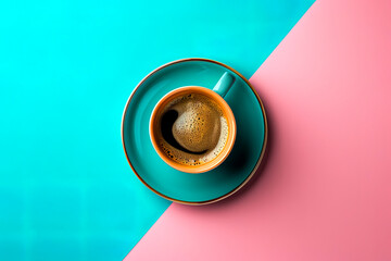 Obraz na płótnie Canvas top view cup of coffee on contrasting dual pink and blue background, generative AI illustration