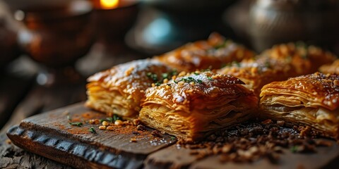 Fetir Meshaltet Culinary Charm, A Visual Feast of Flaky Pastry Bliss, Savoring Sweet and Buttery Layers in Every Bite - Middle Eastern Bakery Setting - Warm Tones & Close-up Pastry Details
