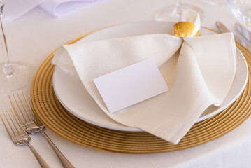 table setting with a name at a wedding event close-up. space for text