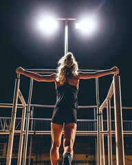 Defying Gravity: The Peak of Athletic Prowess in a Spotlight of Ambition - obrazy, fototapety, plakaty